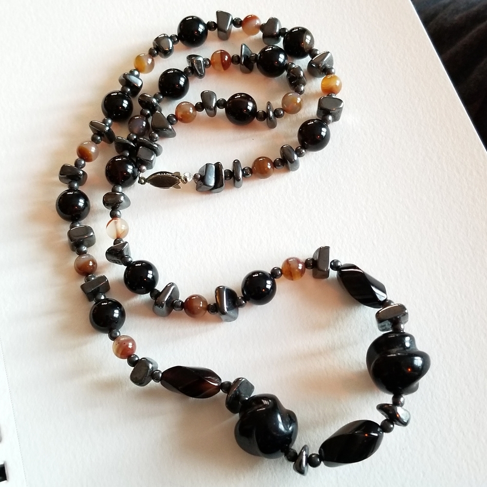 Stone and glass necklace black orange brown agate bead beaded chunky boho
